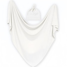 SEVDO Baby Receiving Blankets with Matching Beanie Set Newborn Nursery Swaddle Unisex Swaddle Wrap Soft Silky Neutral for Baby Girls and Boys (White)