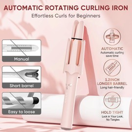 Auto Rotating Hair Curler - 4 Temperature and Timer Settings, Automatic Curling Iron with Automatic Shut-Off, Anti-Tangle and Scalding, Curling Wand for Long Lasting Curls (Pink)
