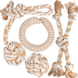 Fida Heavy Duty Dog Rope Toys for Aggressive Chewers 4pcs Pack – Natural Cotton Dog Chew Toys for Large Dogs, Tug-of-War & Fetch Rope Ball/Ring/Knot/Twist to Keep Them Busy