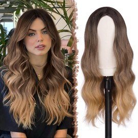 FESHFEN Long Curly Wig, 55 cm Black Roots to Brown Blonde Wig, Middle Parting, Women's Wigs, Natural Synthetic Wigs, Women's Curls, Wavy Wig for Party, Daily