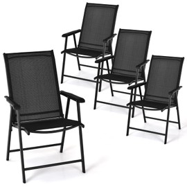 Tangkula Set of 4 Patio Folding Chairs, Fabric Dining Chairs with High Back & Armrests, Portable Camping Lounge Chairs with Sturdy Metal Frame, Outdoor Sling Chairs for Patio Lawn Garden (Black)