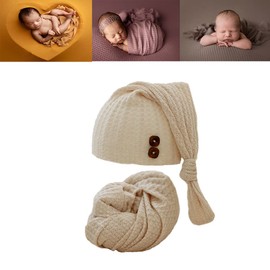 RUZHILING Newborn Baby Photography Wrap with Long Tail Hat Boy Girl Photo Crochet Outfits Picture Blanket Props (Beige)