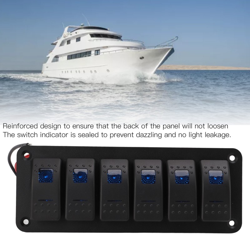 6 Gang Rocker Switch Panel Overcurrent Protection LED Blue Backlit