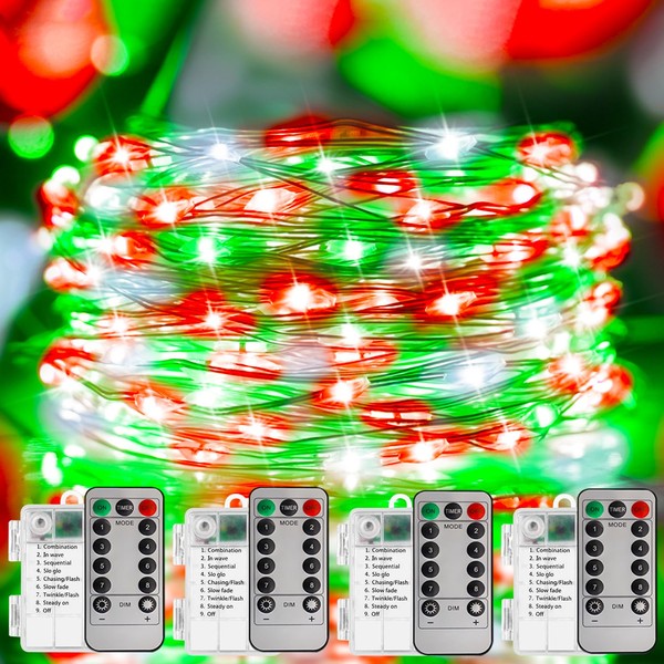 Christmas Lights White Green Red String Lights, 4 Pack Totel