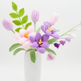 Handmade Crochet Flowers, Crochet Tulip Flowers with Leave and Long Stem, Assorted Colors (Pink Purple Tulip Bouquet, 1)