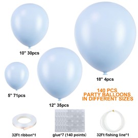 140Pcs Pastel Blue Balloons Baby Blue Balloon Garland Arch Kit 5/10/12/18 Inch Latex Light Blue Balloons Different Sizes as Gender Reveal Baby Shower Birthday Blue Theme Party Decorations