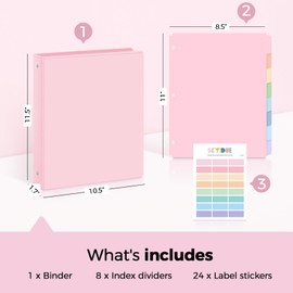 SKYDUE 1 Inch 3 Ring Binder with 8 Tab Dividers & 24 Labels, Pastel Binder Organizer for Letter Size Paper, Aesthetic School Binder for Notes, Documents, Office & Home Organization, Pink