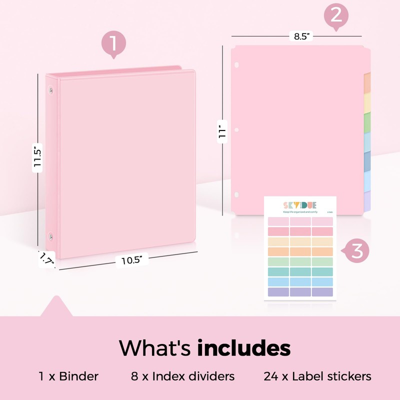 SKYDUE 1 Inch 3 Ring Binder with 8 Tab Dividers