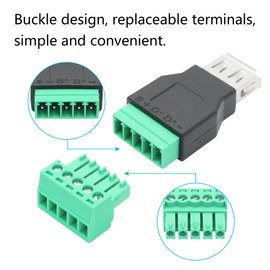 Riertostng USB 2.0 A Female to 5 Pin Screw Terminal Adapter, USB A Quick Connector Solderless Male Converter, for USB Device Charging and Data Transfer, Pack of 2