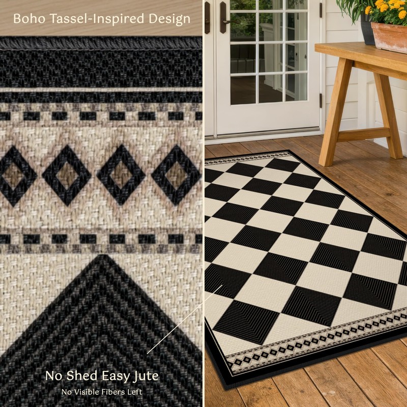 Black and White Diamond Outdoor Easy Jute Front Porch Rug