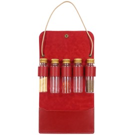 Homaisson Outdoor Spice Jar Set, Hanging Leather Case with 5 Glass Bottles, Portable Seasoning Organizer for Camping, BBQ, Picnic, Travel Cooking, Easy Access, Secure Storage, 2 oz Each, Red