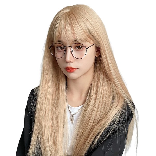Exgox Wig, Long, Straight, Gold, Blonde, Women's, Cross-Dressing, Full Wig, Small Face, Natural, Cute, Fashion, Harajuku Style, Heat Resistant, Net, Cosplay, Lolita, Daily Use, Net Included