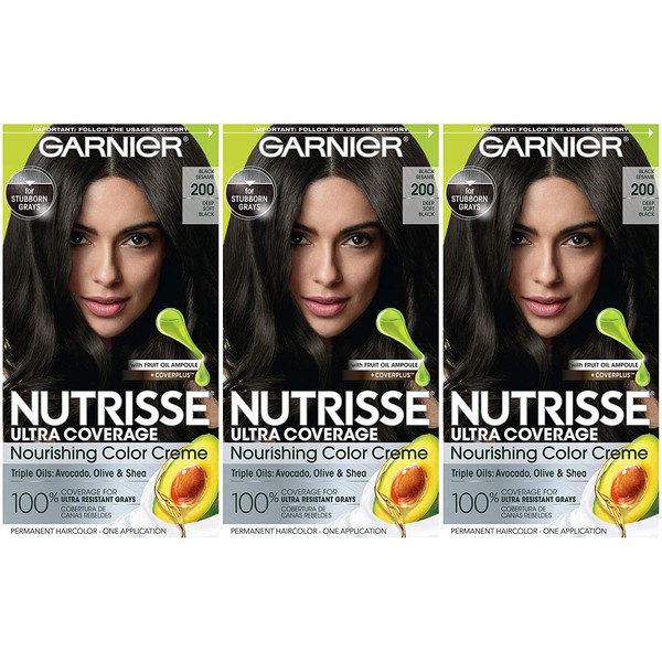 Garnier Hair Color Nutrisse Ultra Coverage Nourishing Hair Color Creme, Deep Soft Black (Black Sesame) 200, Pack of 3