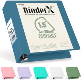 Sooez BinderX Extra Durable 1.5 Inch 3 Ring Binder, D-Ring Large Binder, Holds 400 Sheets of 8.5x11 Paper, Customizable View Cover with Inside Pockets, Heavy Duty 3 Ring Binder for School, Grey Blue