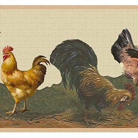 Dundee Deco DDAZBD9077 Peel and Stick Wallpaper Border - Country Brown, Yellow, Beige Rooster, Hen Wall Border Retro Design, 15 ft x 7 in (4.57m x 17.78cm), Self Adhesive