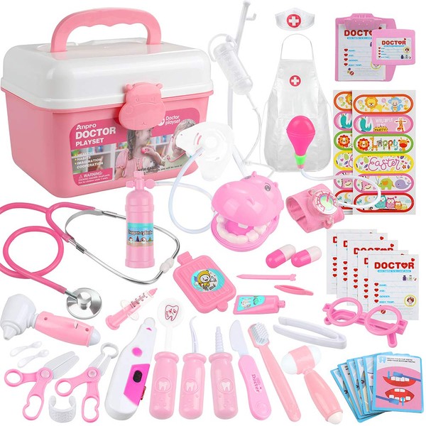 Anpro 46PCS Doctors Set for Kids, Medical Toy with Real Stethoscope,Doctor Suit,Medicine Chest, Children Doctor Roleplay Costume Dress-Up, Halloween, Christmas,Birthday Gift(Pink)