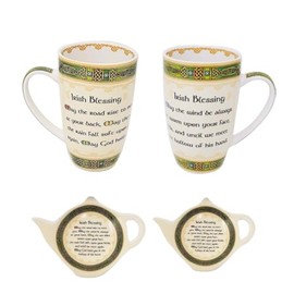 Irish Blessing Set - Bone China Coffee Mugs with May The Road Rise.. Tea, Tea Bag Holders, Kitchenware Gift (2 Mugs and 2 Tea Bag Holders)