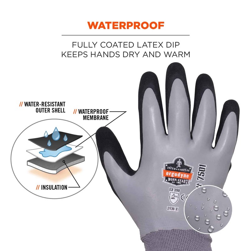Ergodyne ProFlex 7501 Coated Waterproof Winter Work Gloves, Sandy Nitrile