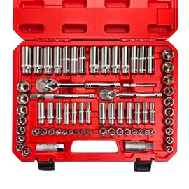 EACELIY 69pcs 1/4”&3/8"" Drive Impact Socket Set,Drive Master Socket Set,SAE/Metric, Deep & Shallow with Drive Head Ratchet,Drive Spark Plug Socket,Extension bar (3” & 6”),6 Point,CR-V Steel, Mirror