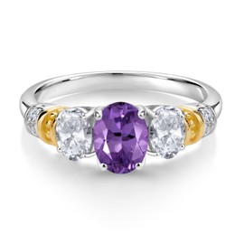 925 Sterling Silver and 10K Yellow Gold Oval Purple Amethyst White Topaz and White Diamond 3 Stone Ring For Women (2.38 Cttw, Gemstone February Birthstone, Available In Size 5, 6, 7, 8, 9)