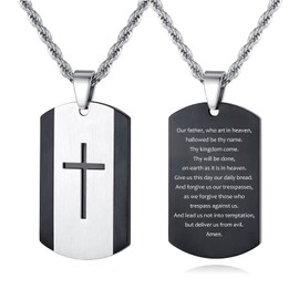 REVEMCN Black Silver Stainless Steel Dog Tag Cross Necklace for Men Boys Featuring Lord's Prayer Bible Verse Cross Pendant with 20-24 Inch Rope Chain, Inspirational Jewelry Gift for Boys and Men (Lord's Prayer - Black, 20 inches + 5 inches)