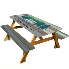 ANNA QUEEN Happy Camper RV 6FT Picnic Table Cover 3PCS Set 72"x30", Waterproof Outdoor Table and Bench Covers for Campsites and Family RV Trips