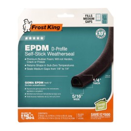 Frost King EPDM Rubber Self-Stick Weatherseal Tape, D-Section, 5/16" W, 1/4" T, 17 ft L, Black
