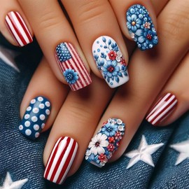 Independence Day Press on Nails Medium Coffin Flag Stick on Nails 4th of July Fake Nails Blue Flower Glue on Nails Stripe Acrylic False Nails Artificial Nails for Women Girls 24 Pcs