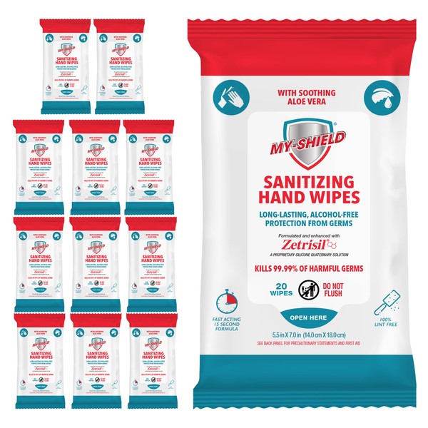 My-Shield Sanitizing Hand Wipes - Travel Pack - 20 Count (12-pack) Alcohol-Free, Long-lasting Protection. Kills 99.9% of Germs. Moisturizes With Aloe Vera. Formulated with Zetrisil.