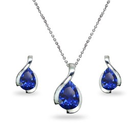 Jewelry Sets for Women, Necklace and Earring Sets for Women, Birthstone Jewelry, Genuine or Synthetic Gems, Pear Cut Teardrop Necklace and Earrings Set, Pendant Necklace, Stud Earrings, Silver