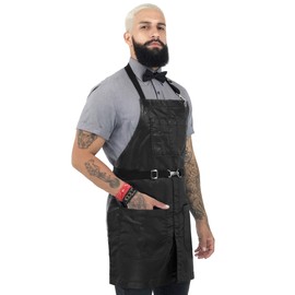 Under NY Sky No-Tie Black Apron – Coated Twill with Chrome Hardware, Leather Reinforcement, Split-Leg, Adjustable for Men, Women – Pro Barber, Tattoo, Bartender, Hair Stylist Aprons – Small Size