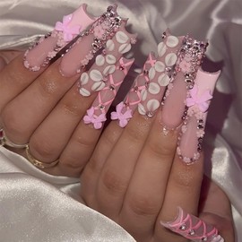 MISUD Press on Nails Long Square Fake Nails Glossy Glue on Nails Pink Flower Acrylic Nail Supplies Squoval Artificial Nail Art Bow Rhinestone Stick on False Nails with Design DIY 24 pcs