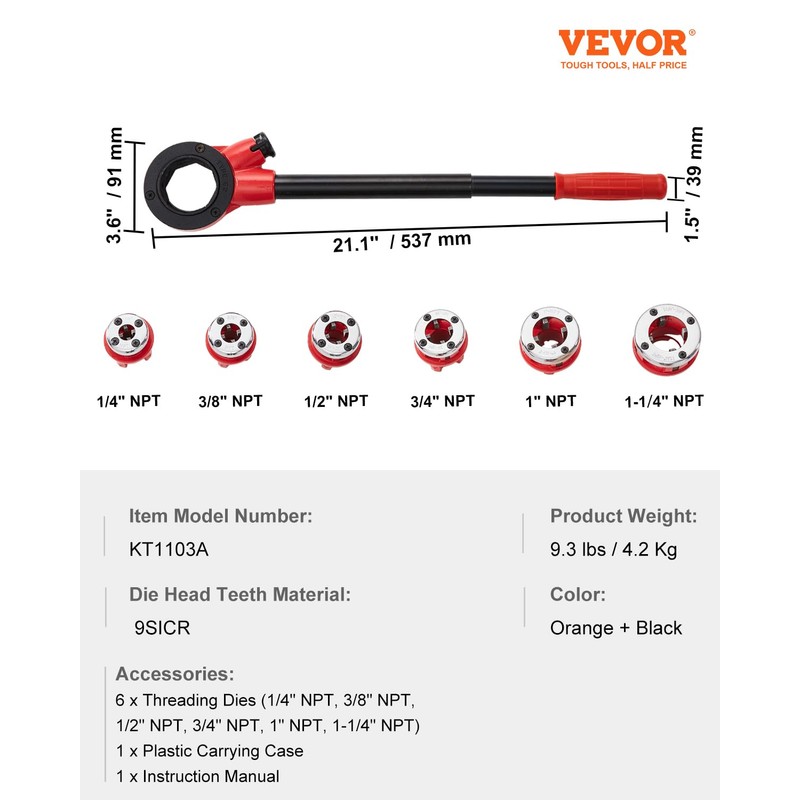 VEVOR Ratchet Pipe Threader Kit with 6 Dies, 1/4" NPT