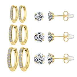 6 Pairs Ladies Earrings 316L Hypoallergenic Gold Plated Hoop Earrings Stainless Steel Cubic Zirconia Butterfly Button Earrings Valentine's Day Christmas Day Mother's Day