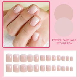 24PCS Press on Nails Short, French False Nails Square Pink Gradient Acrylic Fake Nails with Jelly Glue, Natural Nude Removable Full Cover Stick on Nails for Women Daily Wear 12 Sizes