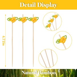 100 Counts Rose Flower Cocktail Picks - 4.7 Inch Long Bamboo Fancy Toothpicks for Appetizers Party Food Drinks (Orange)