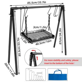 HONYTA Campfire Swing Cooking Grill Stand, Collapsible Campfire Cooking Rack with Adjustable Iron Grill Grate and Hooks for Outdoor BBQ Picnic Cookware Party Dutch Oven