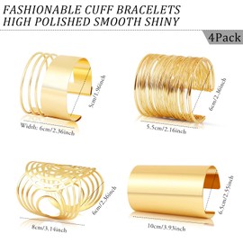 Wodasi 4 Piece Bracelet Women's Cuff Bangle Set Wide Adjustable Upper Bangle Women's Gold Bracelet Upper Arm Jewellery, Cuff Bangle Set for Women Open Wide Wire Bracelets, Iron