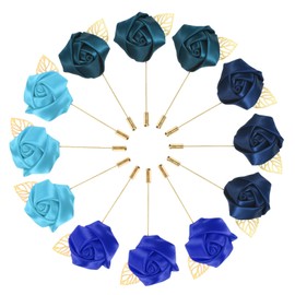 M METERXITY 1-Set Flower Lapel Pins for Men, Golden Leaf Rose Boutonnieres Pin for Wedding/Dance/Party, Mens Lapel Pins for Suits Satin Flower Corsage Hat Pins [Blue Set]