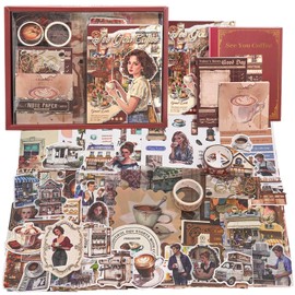 Scrapbooking Supplies Kit, Coffee Aesthetic Vintage Scrapbook Kit for Bullet Junk Journal A6 Grid Notebook Stationary Journaling Supplies DIY Craft Birthday Holiday Gifts for Women Kid Teen Girl