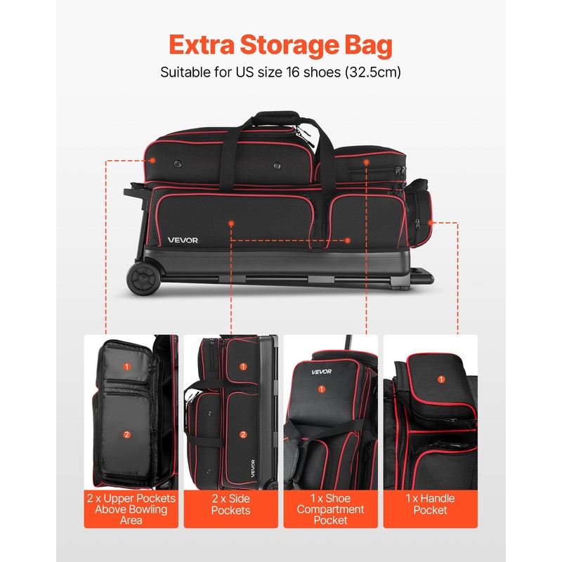 VEVOR Bowling Ball Bag, 3 Ball Double Roller Bowling Bag