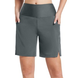 BALEAF Women's Long Knee-Length Quick-Drying Swimming Trunks UV Protection UPF 50+ Swimming Trunks High Waist Board Shorts with Inner Briefs and Pockets, gray
