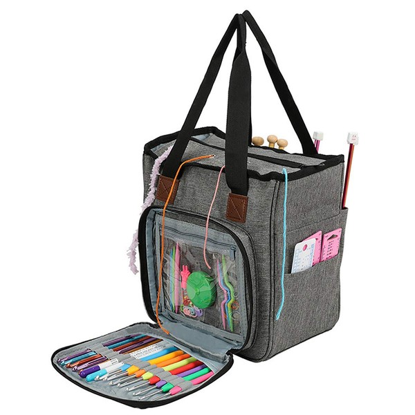 Katech Wool Storage Bag Suitable for Carrying Knitting/Crochet Wool and Pockets for Accessories, Protect and Store Your Yarn (No Accessories Included) Grey