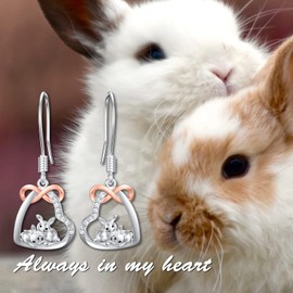 LONAGO Rabbit Earrings 925 Sterling Silver Cute Two Bunny in Heart Dangle Earrings Jewelry for Women
