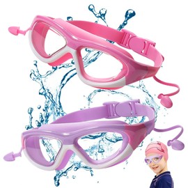 EDLMKM Kids Swimming Goggles 3-10 Years, Girls Swim Goggles For Children & Teens, Anti-Fog Anti-UV, Waterproof, No Leaking, Wide Clear View Soft Adjustable Swimming Goggle With Ear Plug