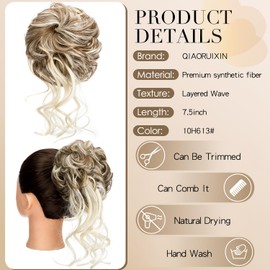QIAORUIXIN Messy Bun Hair Piece for Women, Wavy Curly Clip-in Fake Hair Bun Extension, Natural Synthetic Looking Tousled Updo Clip in Ponytail Extension for Party, Wedding & Daily Use