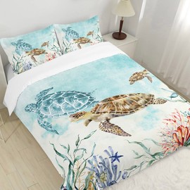 CVHOUSE Sea Turtle Duvet Cover Queen Size,Ocean Watercolor Bedding Set for Kids Teens,Beach Comforter Cover,1 2 Pillowcases 3 Piece Queen 89'x89'
