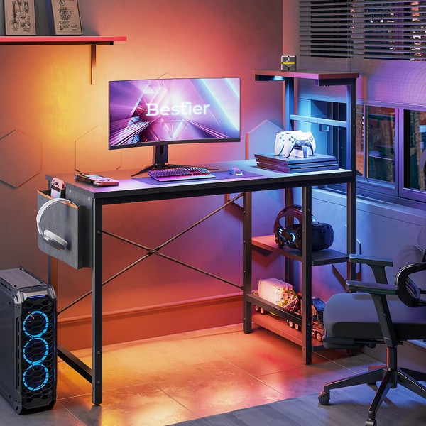 Bestier Computer Desk with LED Lights, Gaming Desk with 4 Tiers Shelves, 44 Inch Office Desk with Storage Bag & Printer Shelf (Black Grained)