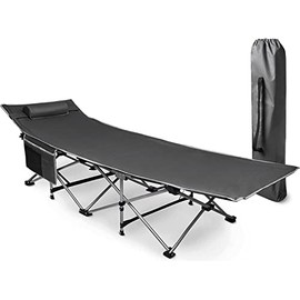 VaygWay Outdoor Folding Camping Travel Cot - Grey Lightweight Comfortable Portable Heavy Duty Foldable Cot – Sleeping Travel Bed w/Pocket - Adults and Kids Travel Cot –Outdoor Hiking, Camping, Beach
