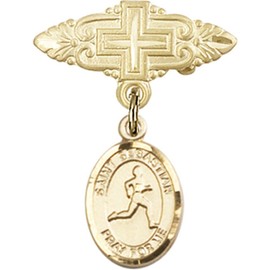 Bonyak Jewelry Saint Medal Collection Gold Filled Baby Badge with St. Sebastian/Track & Field Charm and Badge Pin with Cross 1 X 3/4 inches